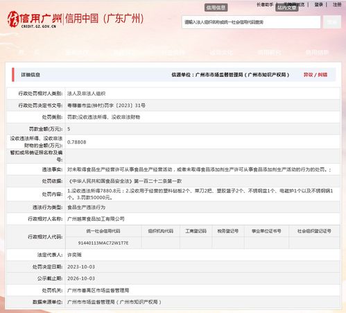 廣州市番禺區市場監督管理局對廣州越萊食品加工作出行政處罰
